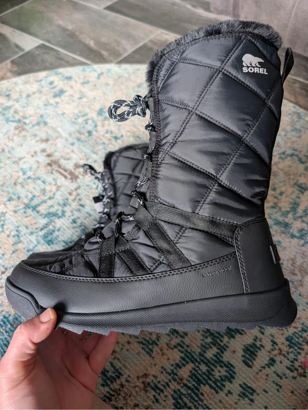 Sorel Women's Whitney II Tall Lace Boots Size 8.5 Black Waterproof Faux Fur NEW